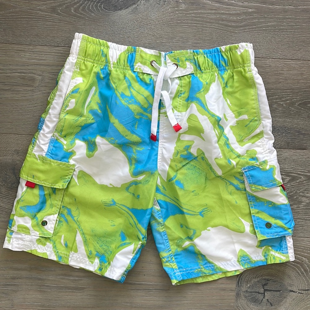 Lime Green and Turquoise Printed Tie-Dye Lined Swim Trunks-Small